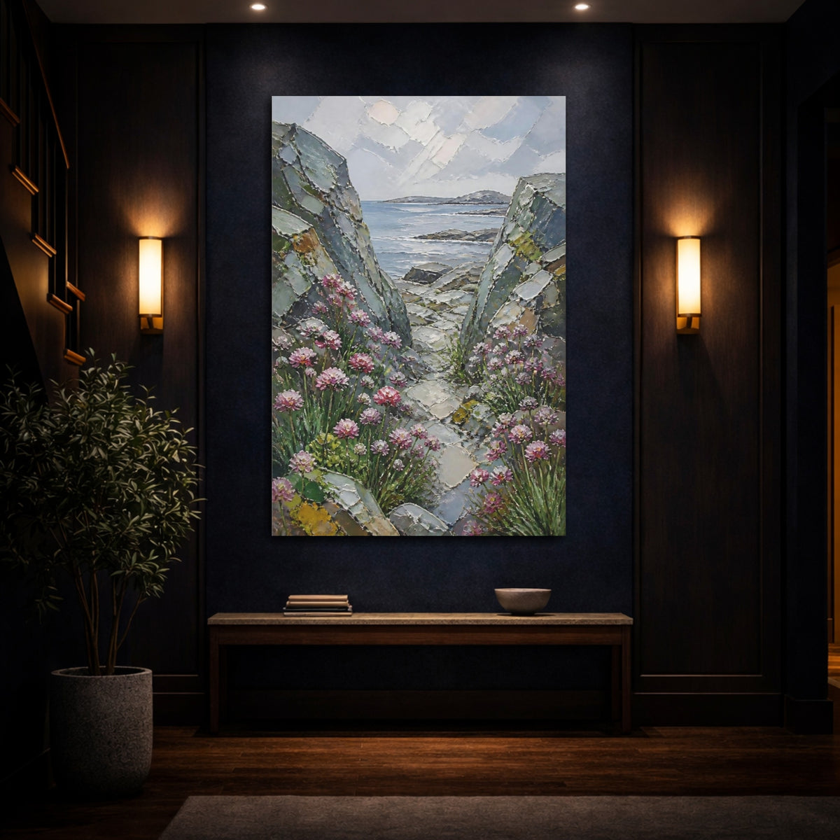 Mockup 4. Rocky Seascape With Flowers shown as canvas print