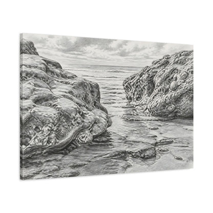 Main Mockup. Rocky Shore Sketch shown as canvas print