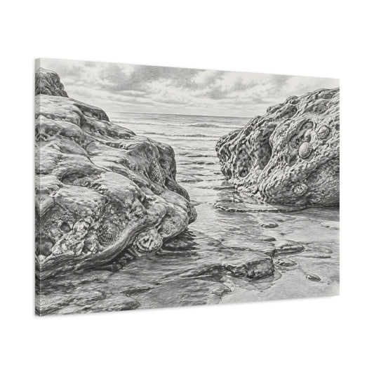 Main Mockup. Rocky Shore Sketch shown as canvas print
