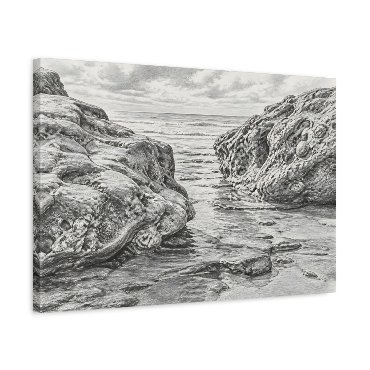 Side Mockup 3. Rocky Shore Sketch shown as canvas print