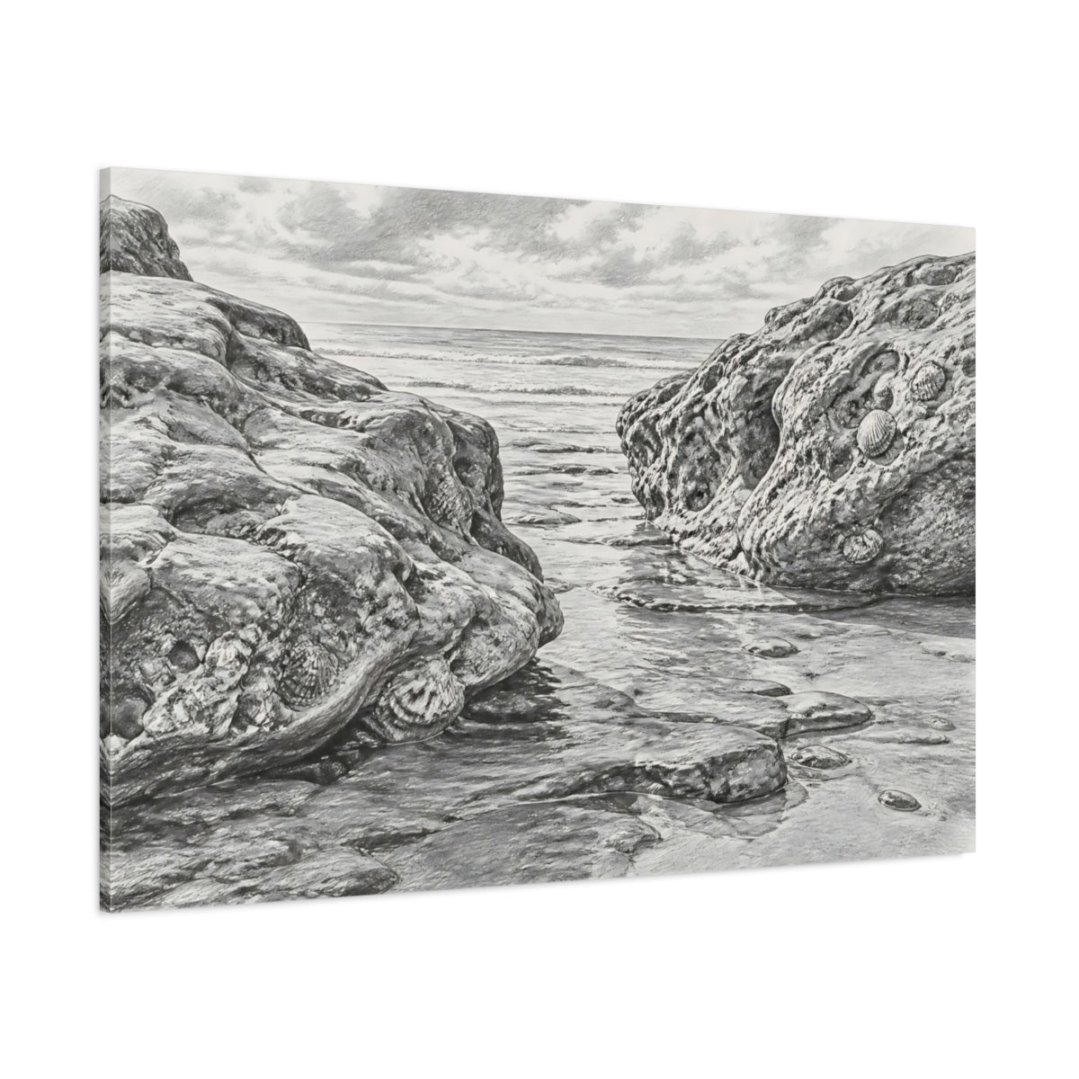 Side Mockup 1. Rocky Shore Sketch shown as canvas print