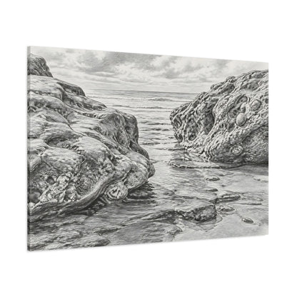 Side Mockup 1. Rocky Shore Sketch shown as canvas print