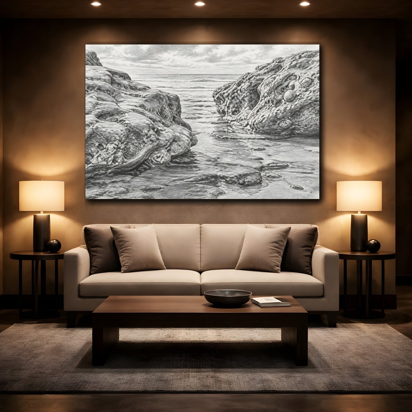 Mockup 2. Rocky Shore Sketch shown as canvas print