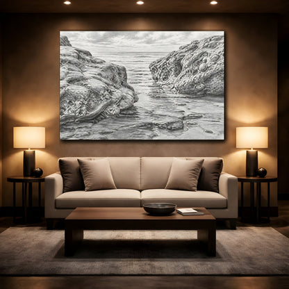 Mockup 2. Rocky Shore Sketch shown as canvas print