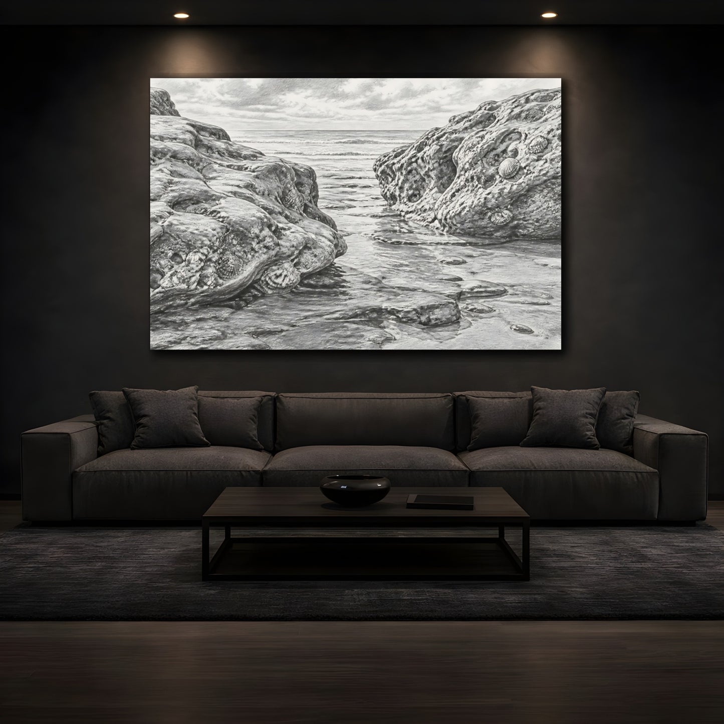 Mockup 3. Rocky Shore Sketch shown as canvas print