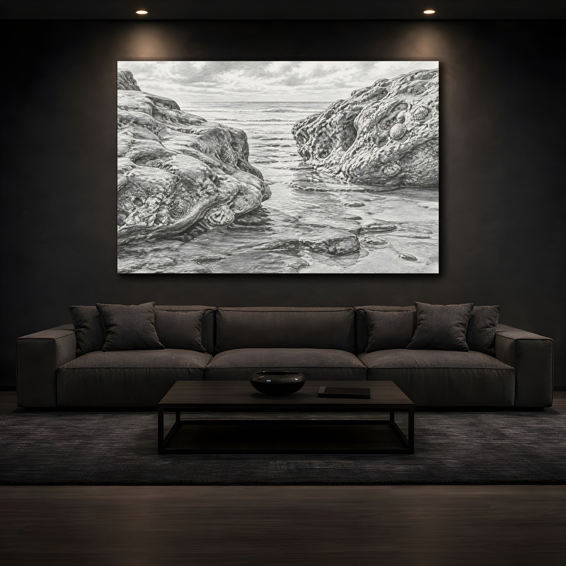 Mockup 3. Rocky Shore Sketch shown as canvas print