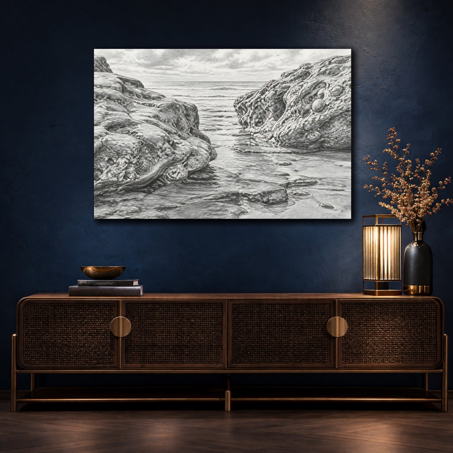 Mockup 4. Rocky Shore Sketch shown as canvas print