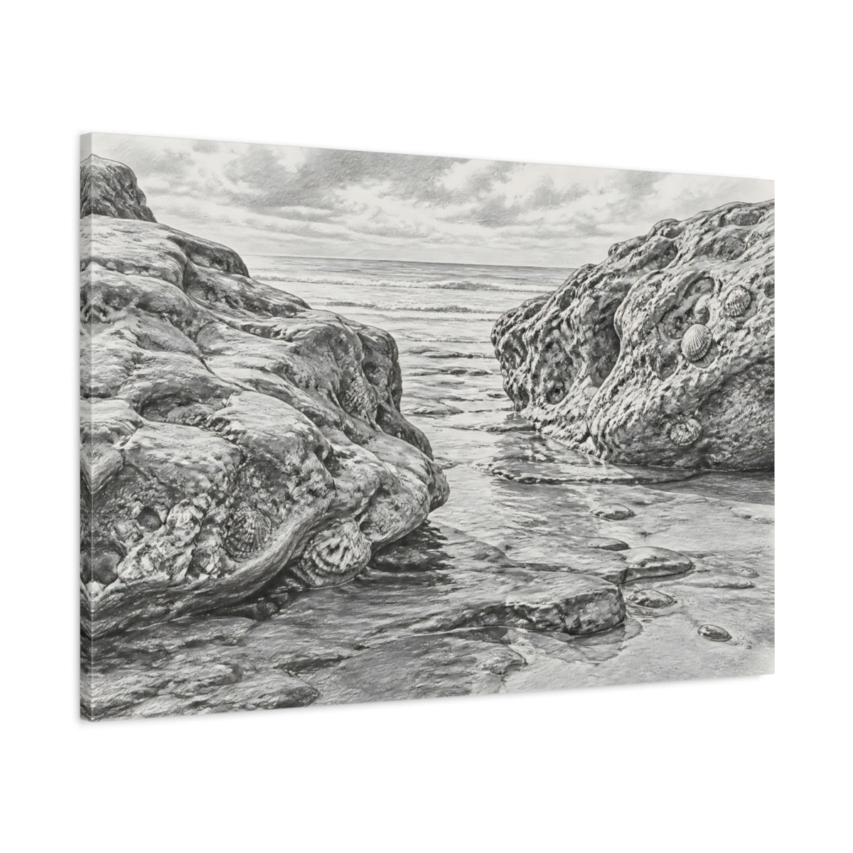 Main Mockup. Rocky Shoreline Sketch shown as canvas print