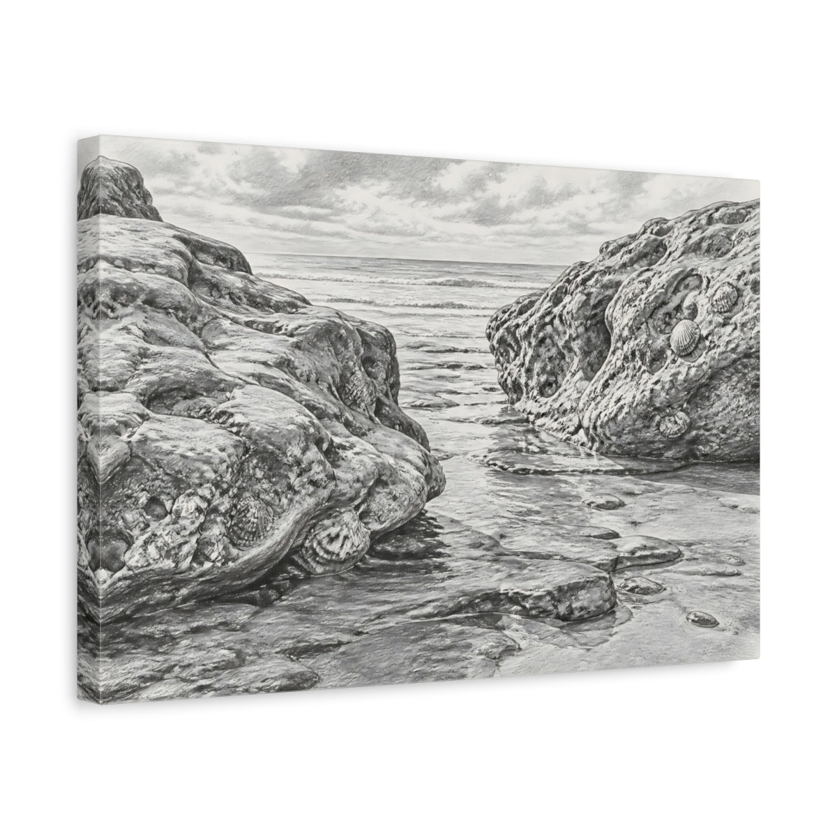 Side Mockup 4. Rocky Shoreline Sketch shown as canvas print