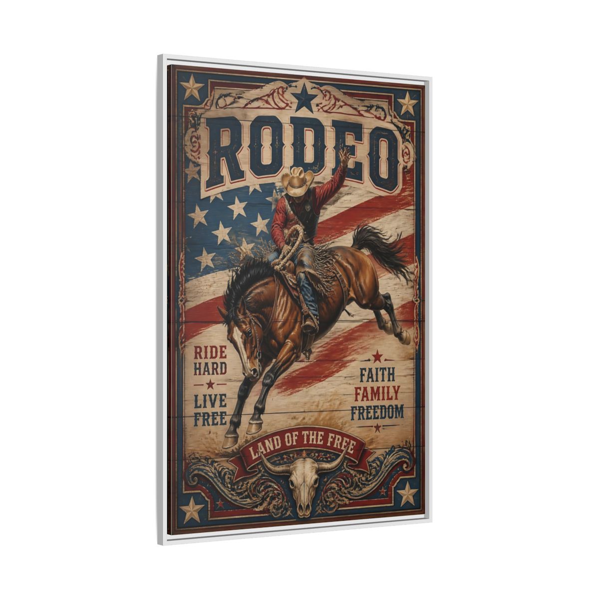 Side Mockup 7. Rodeo Cowboy Bucking Bronco shown as framed canvas print