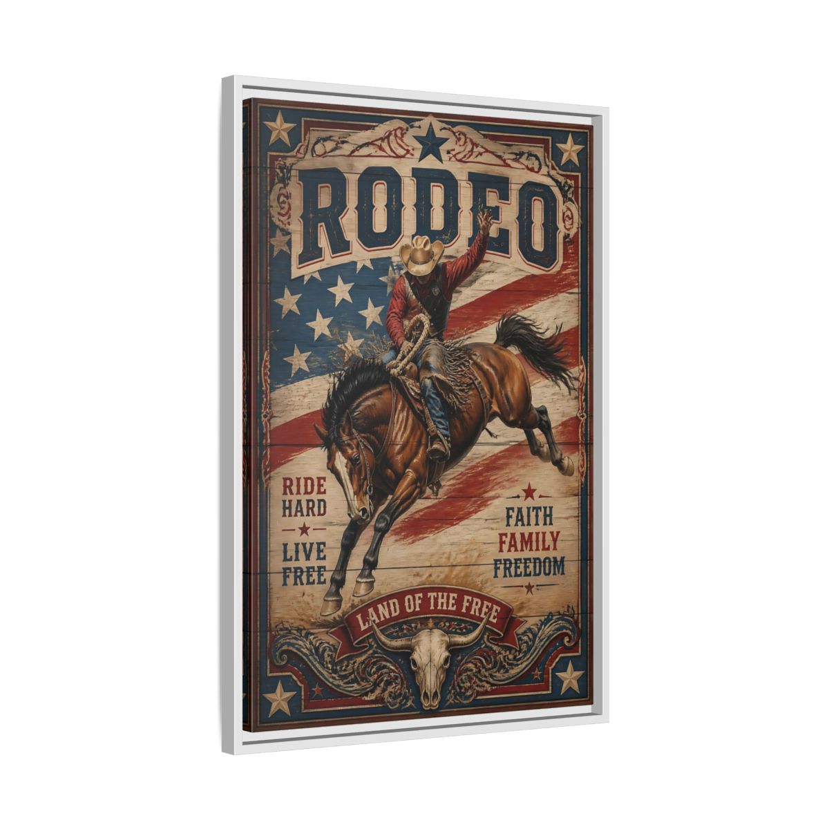 Side Mockup 10. Rodeo Cowboy Bucking Bronco shown as framed canvas print