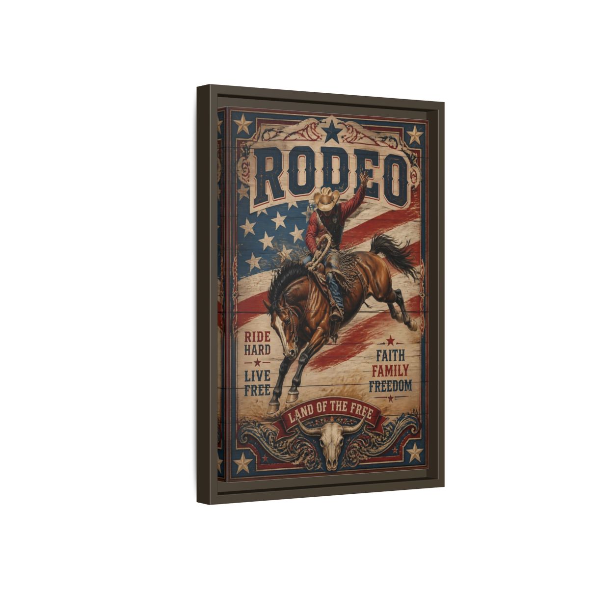 Side Mockup 5. Rodeo Cowboy Bucking Bronco shown as framed canvas print