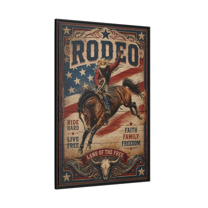 Side Mockup 12. Rodeo Cowboy Bucking Bronco shown as framed canvas print