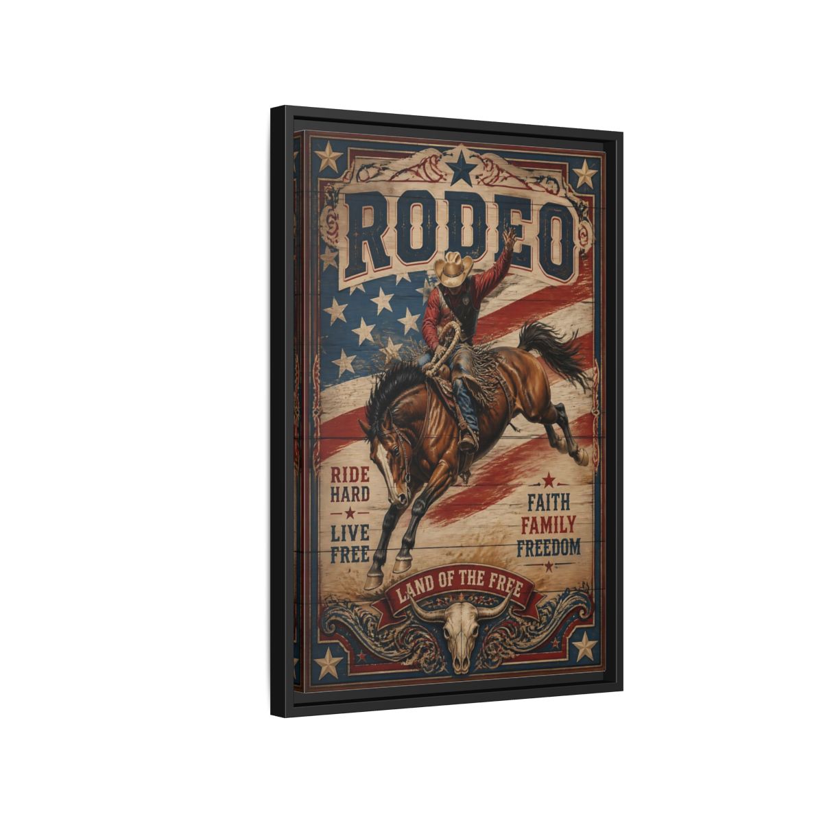 Side Mockup 3. Rodeo Cowboy Bucking Bronco shown as framed canvas print