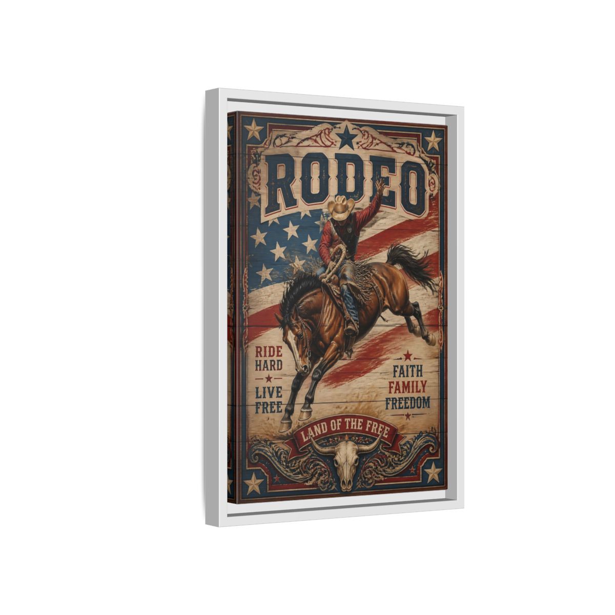 Side Mockup 4. Rodeo Cowboy Bucking Bronco shown as framed canvas print