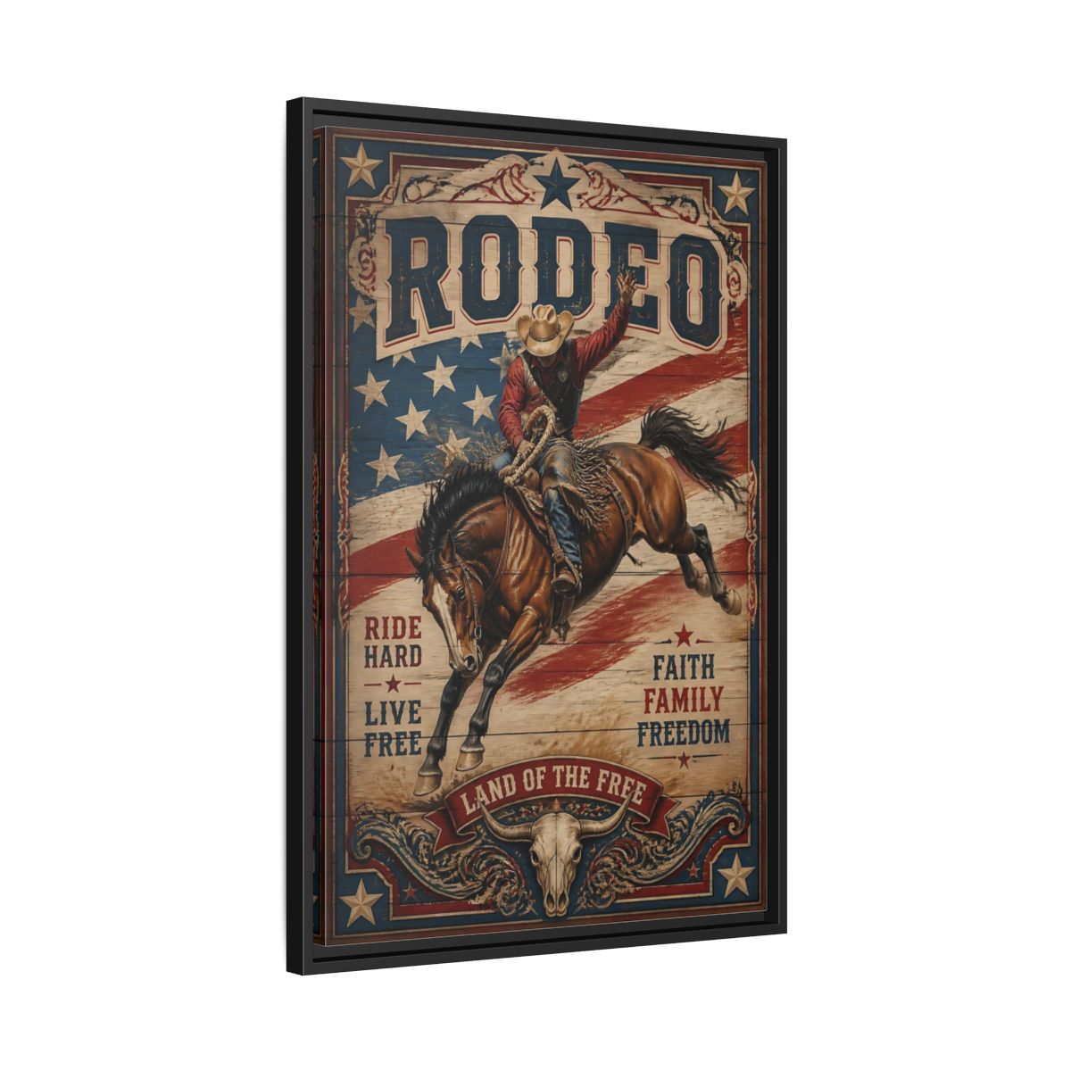Side Mockup 14. Rodeo Cowboy Bucking Bronco shown as framed canvas print