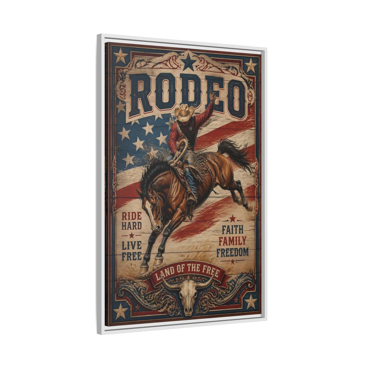 Side Mockup 9. Rodeo Cowboy Bucking Bronco shown as framed canvas print