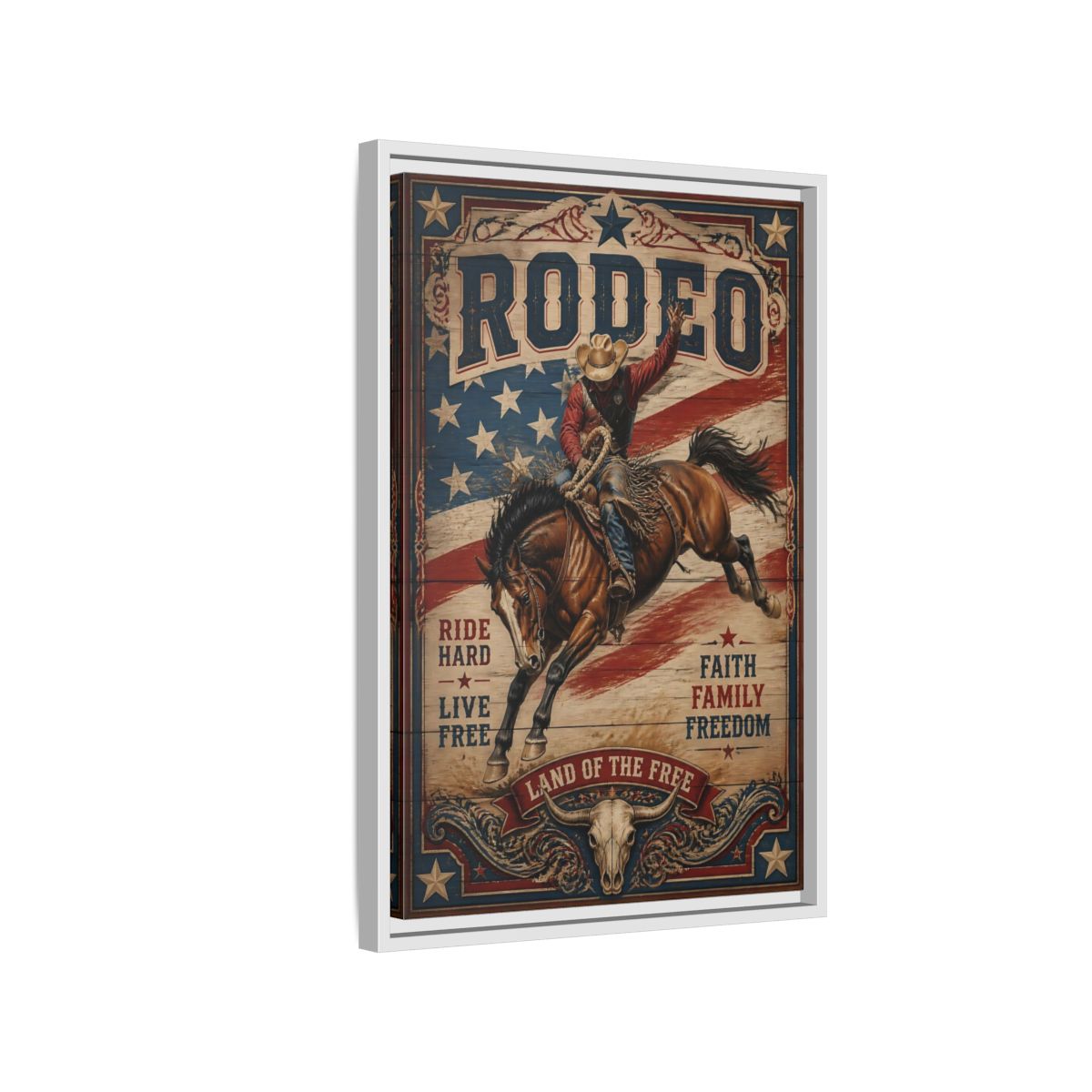 Side Mockup 1. Rodeo Cowboy Bucking Bronco shown as framed canvas print