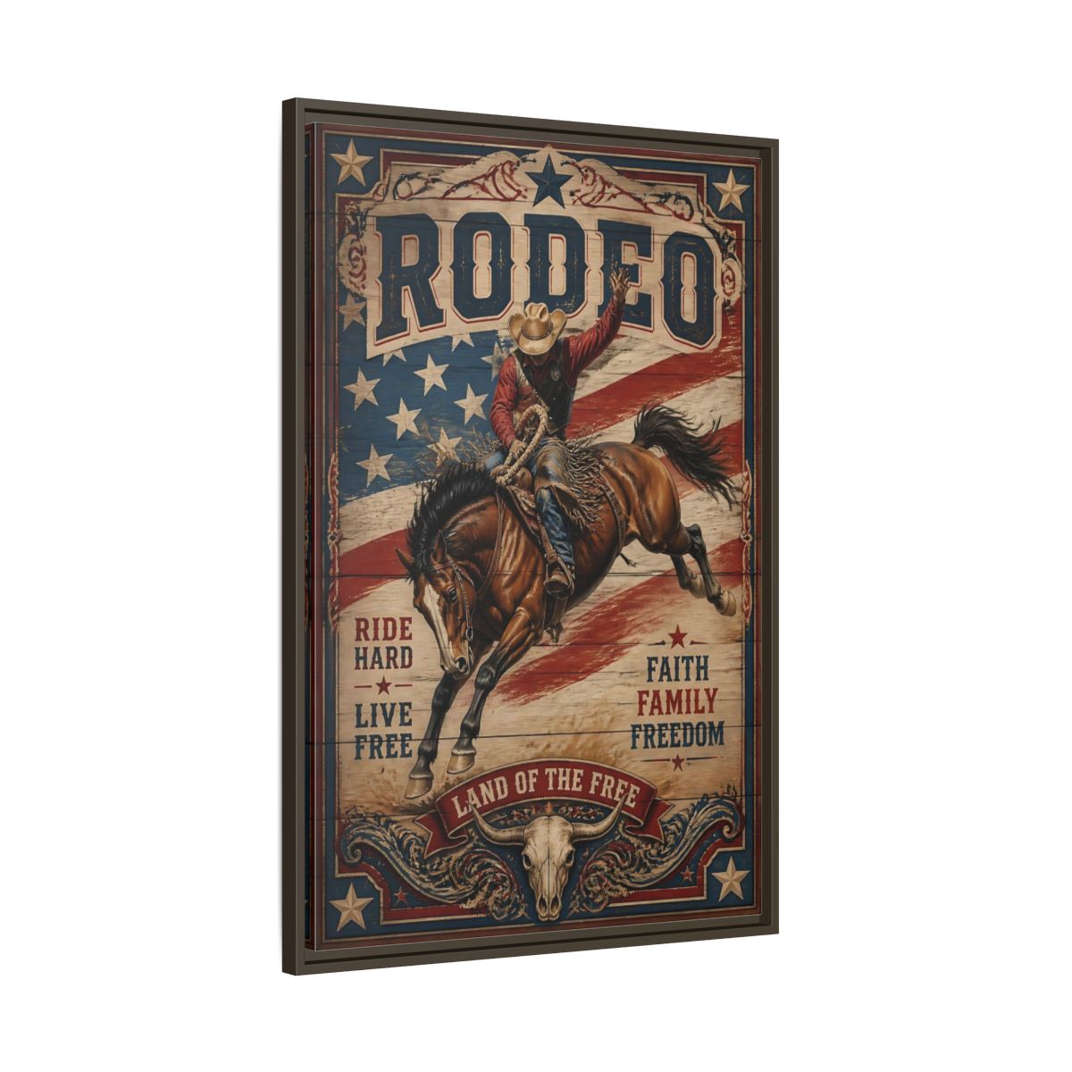Main Mockup. Rodeo Cowboy Bucking Bronco shown as framed canvas print