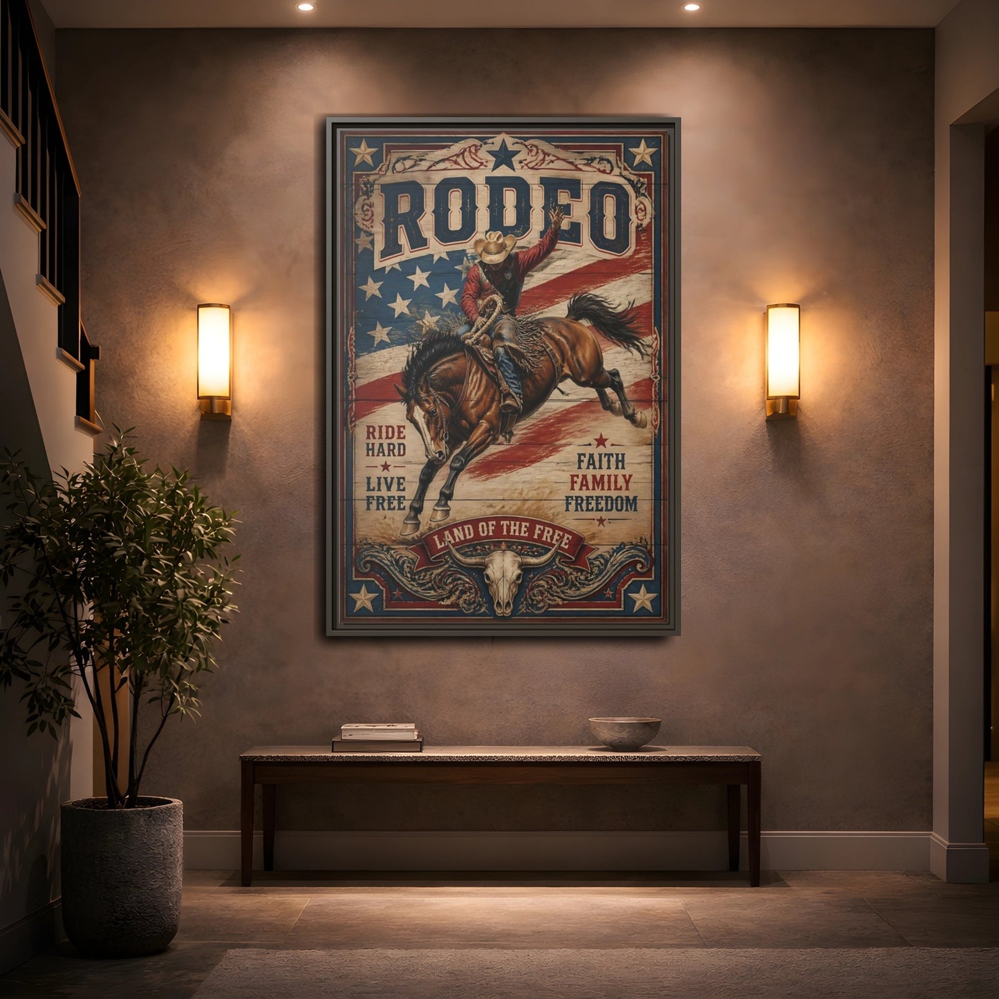Mockup 2. Rodeo Cowboy Bucking Bronco shown as framed canvas print