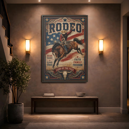 Mockup 2. Rodeo Cowboy Bucking Bronco shown as framed canvas print