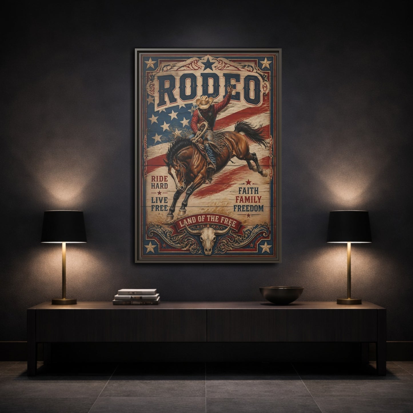 Mockup 3. Rodeo Cowboy Bucking Bronco shown as framed canvas print