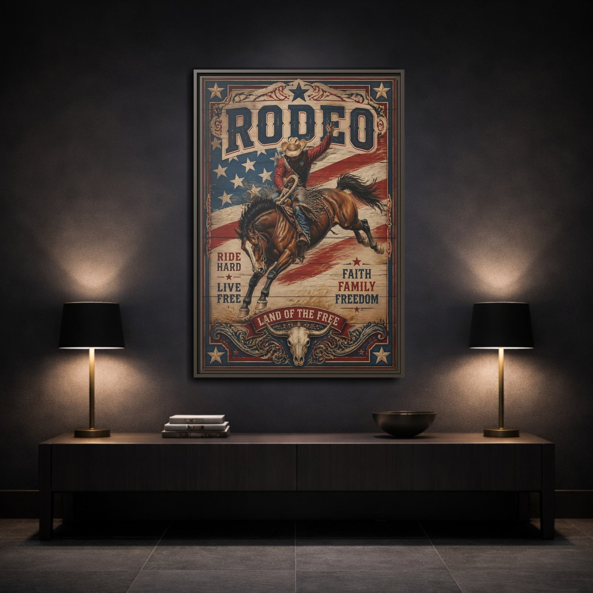 Mockup 3. Rodeo Cowboy Bucking Bronco shown as framed canvas print
