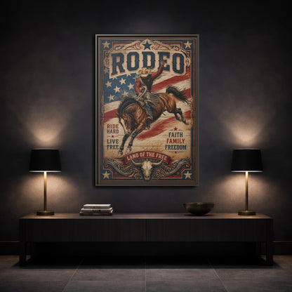 Mockup 3. Rodeo Cowboy Bucking Bronco shown as framed canvas print