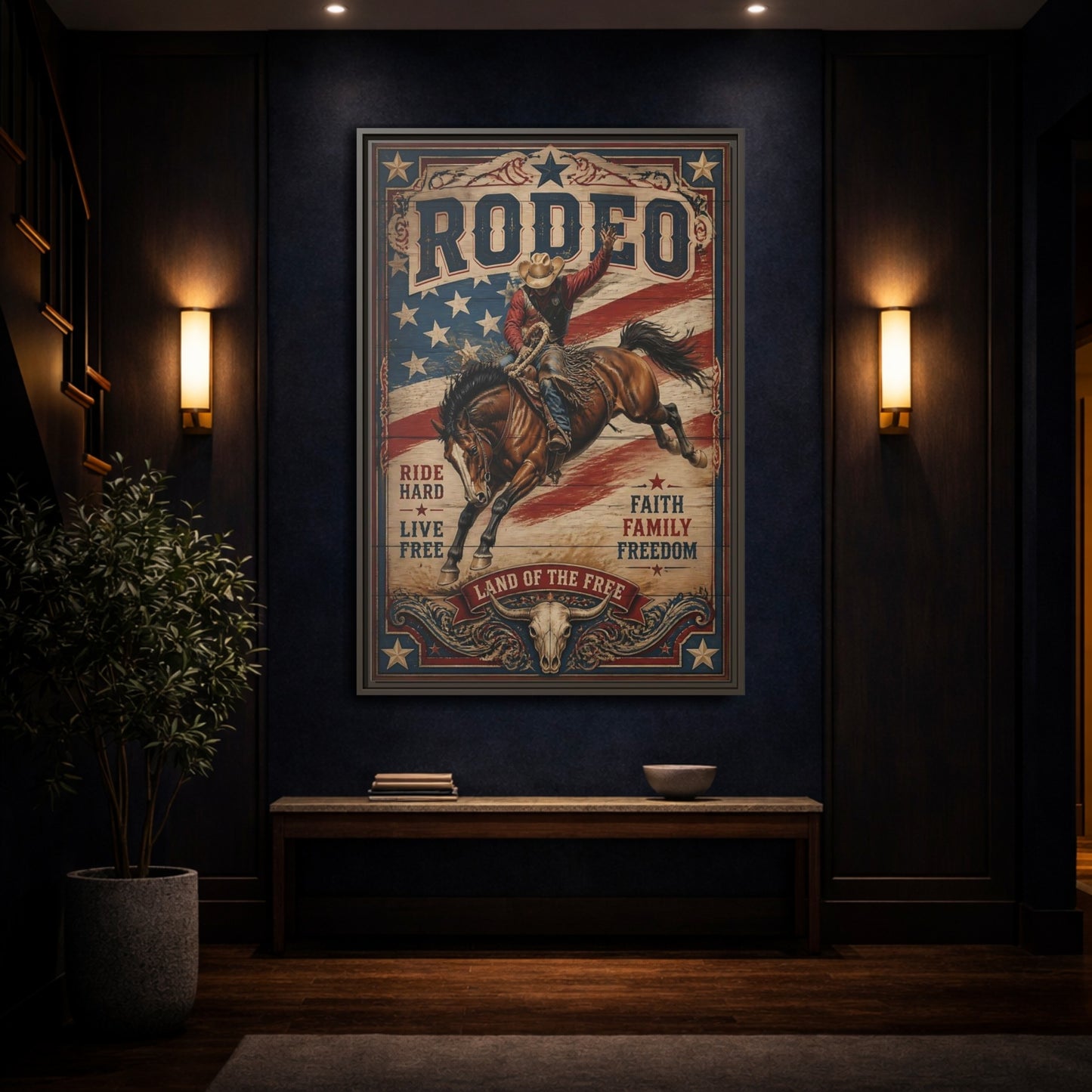 Mockup 4. Rodeo Cowboy Bucking Bronco shown as framed canvas print