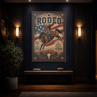 Mockup 4. Rodeo Cowboy Bucking Bronco shown as framed canvas print