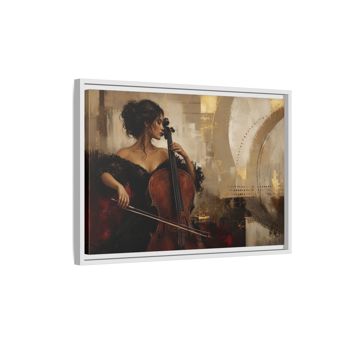 Side Mockup 1. Romantic Cellist Portrait shown as framed canvas print