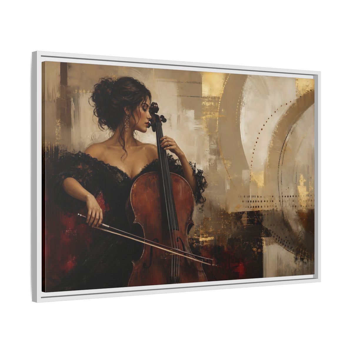 Side Mockup 9. Romantic Cellist Portrait shown as framed canvas print