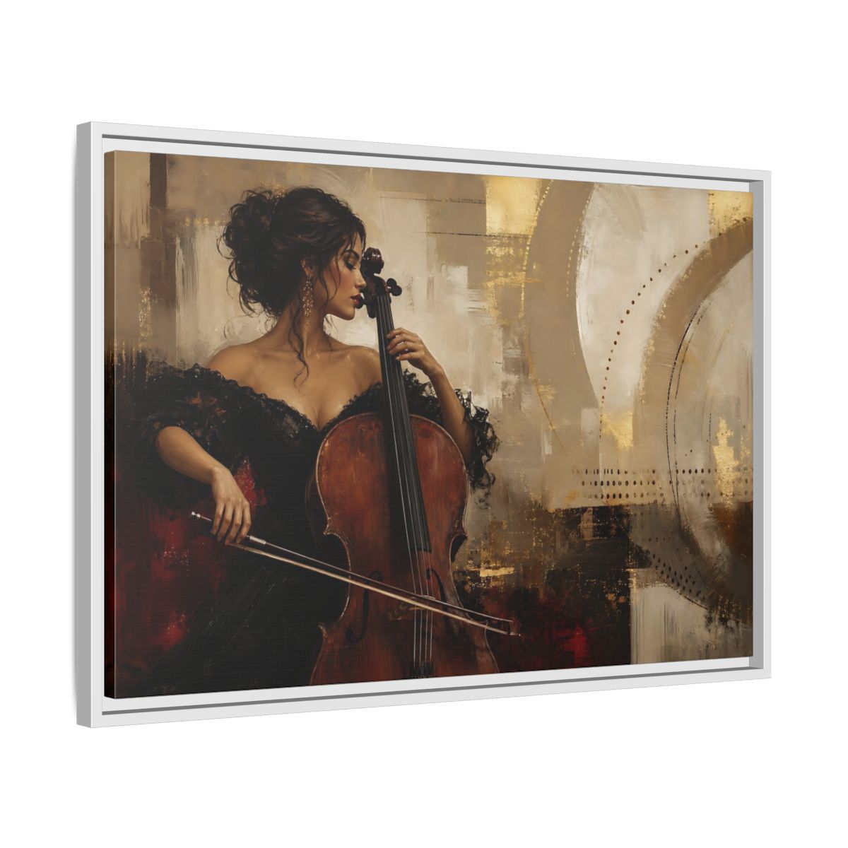 Side Mockup 10. Romantic Cellist Portrait shown as framed canvas print