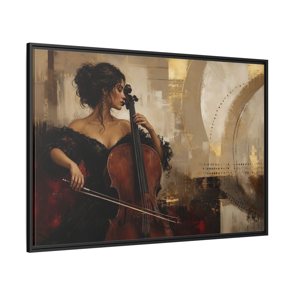 Side Mockup 12. Romantic Cellist Portrait shown as framed canvas print