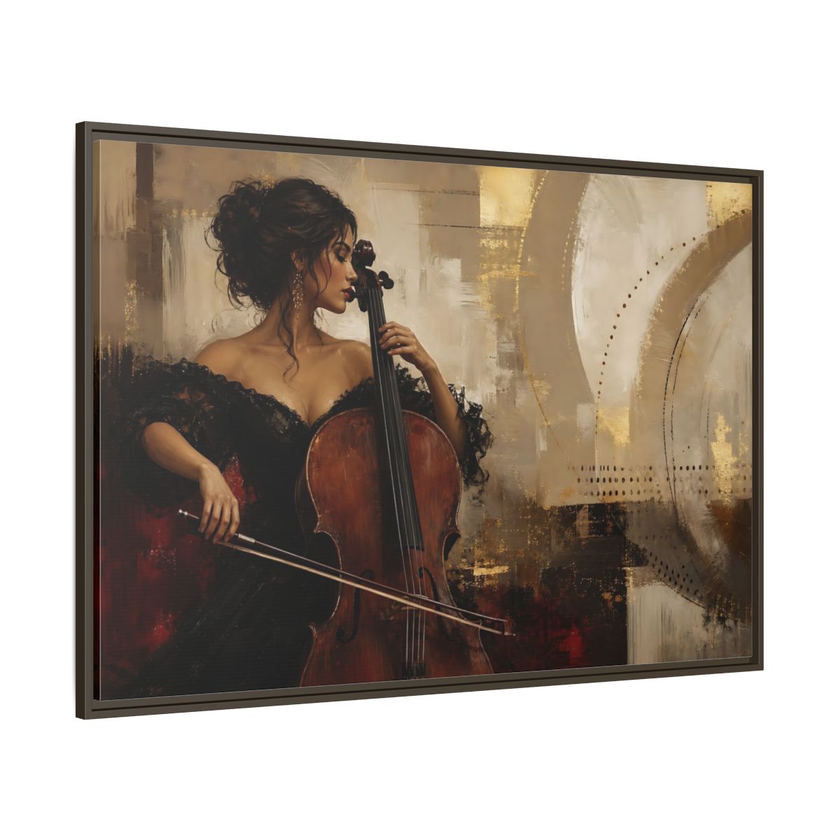 Side Mockup 8. Romantic Cellist Portrait shown as framed canvas print