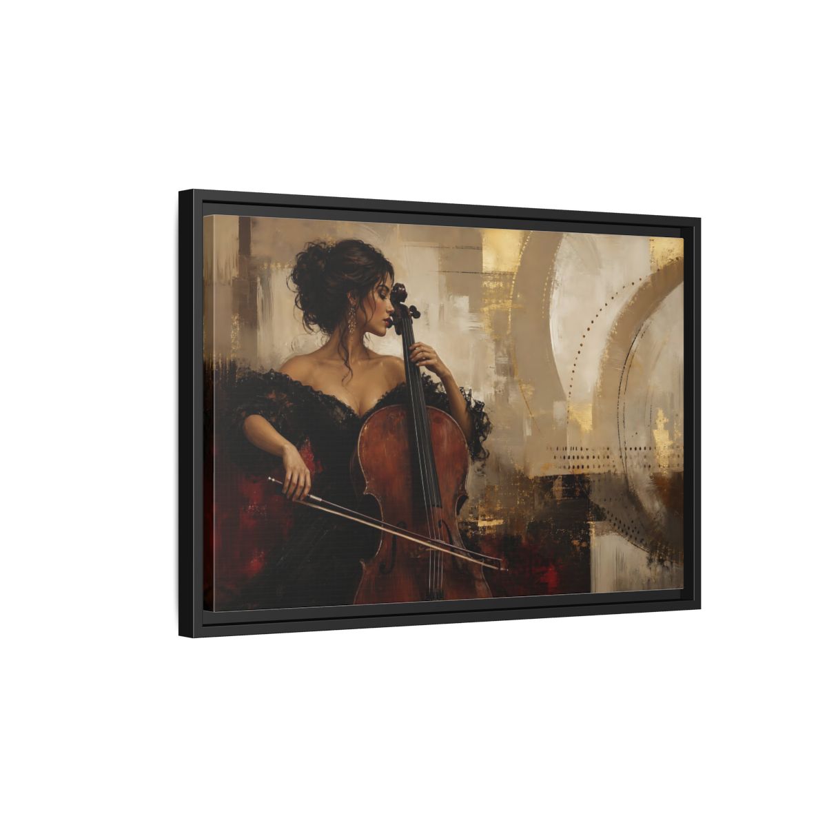 Side Mockup 3. Romantic Cellist Portrait shown as framed canvas print
