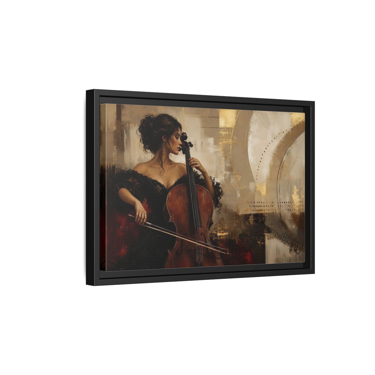 Side Mockup 6. Romantic Cellist Portrait shown as framed canvas print