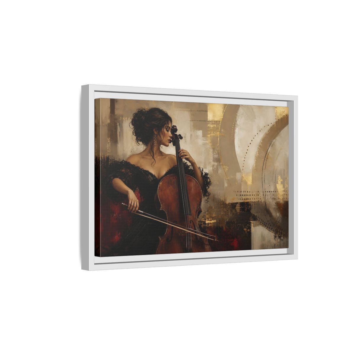 Side Mockup 4. Romantic Cellist Portrait shown as framed canvas print