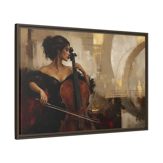 Main Mockup. Romantic Cellist Portrait shown as framed canvas print