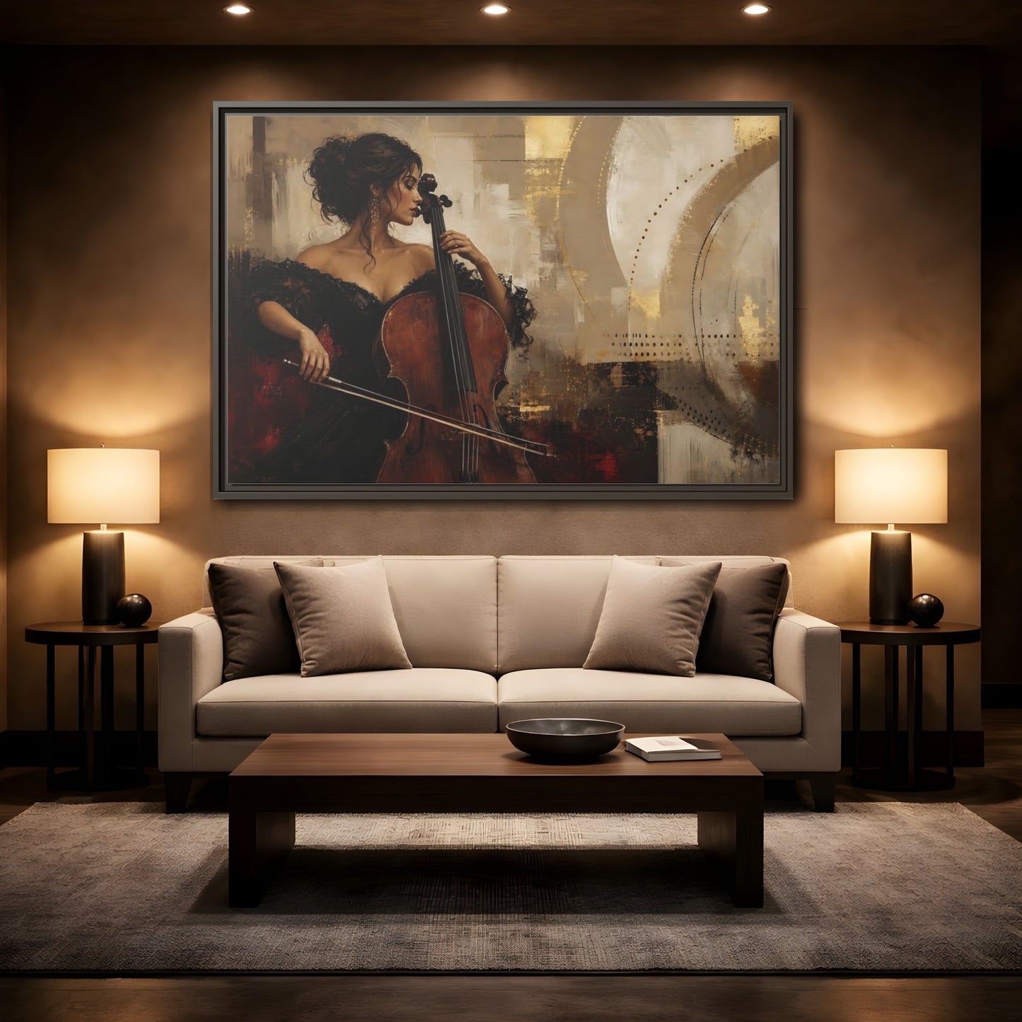 Mockup 2. Romantic Cellist Portrait shown as framed canvas print