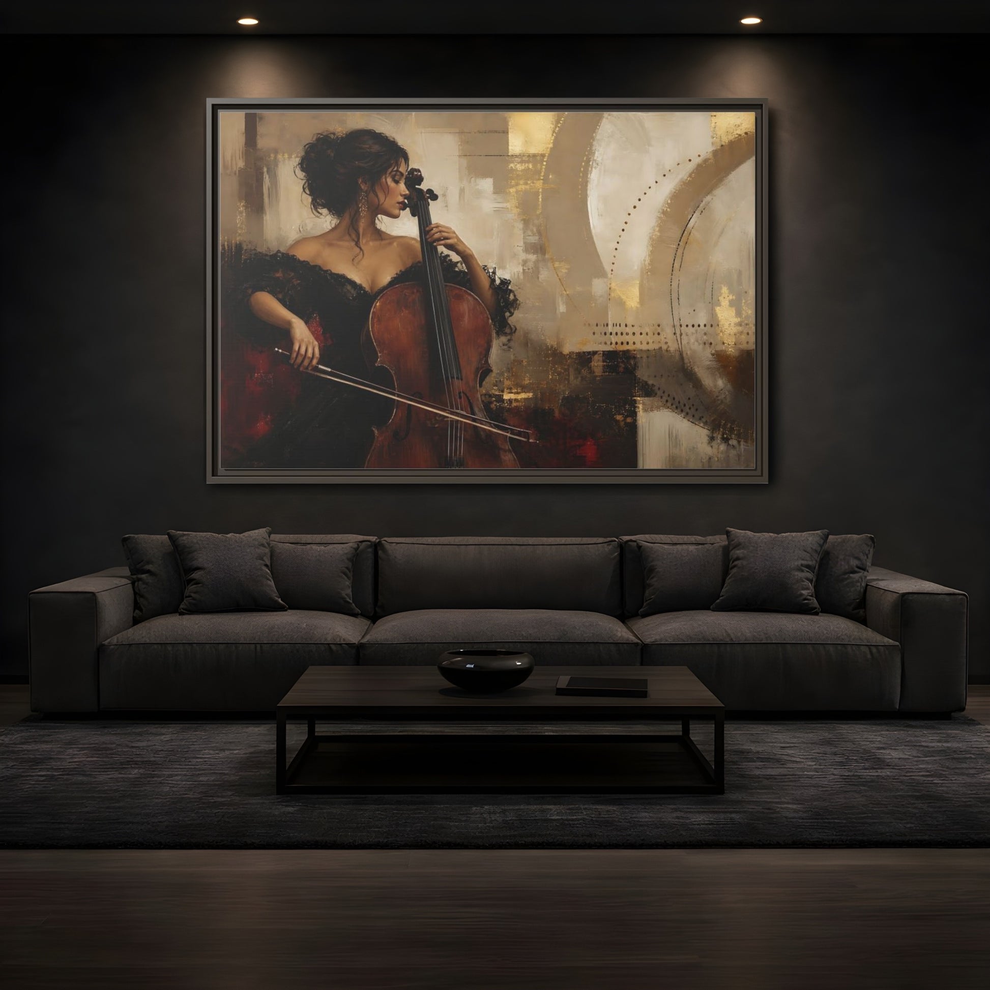 Mockup 3. Romantic Cellist Portrait shown as framed canvas print