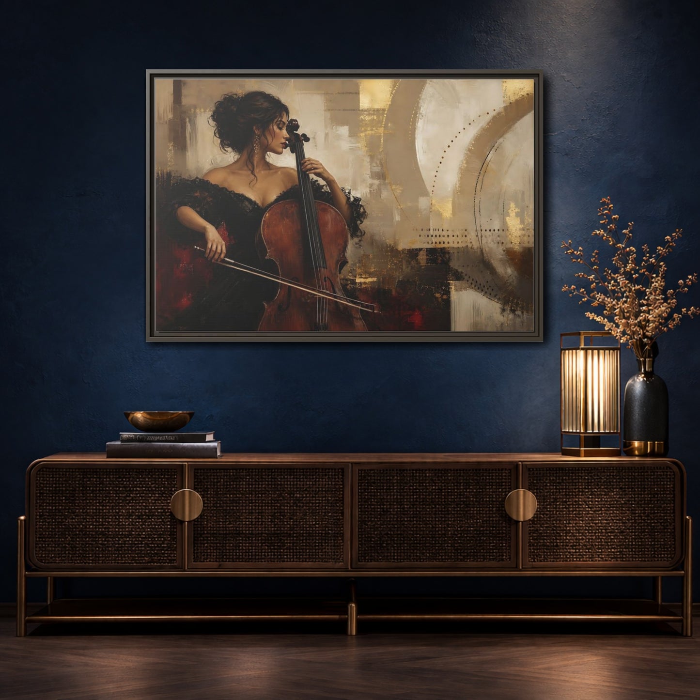 Mockup 4. Romantic Cellist Portrait shown as framed canvas print