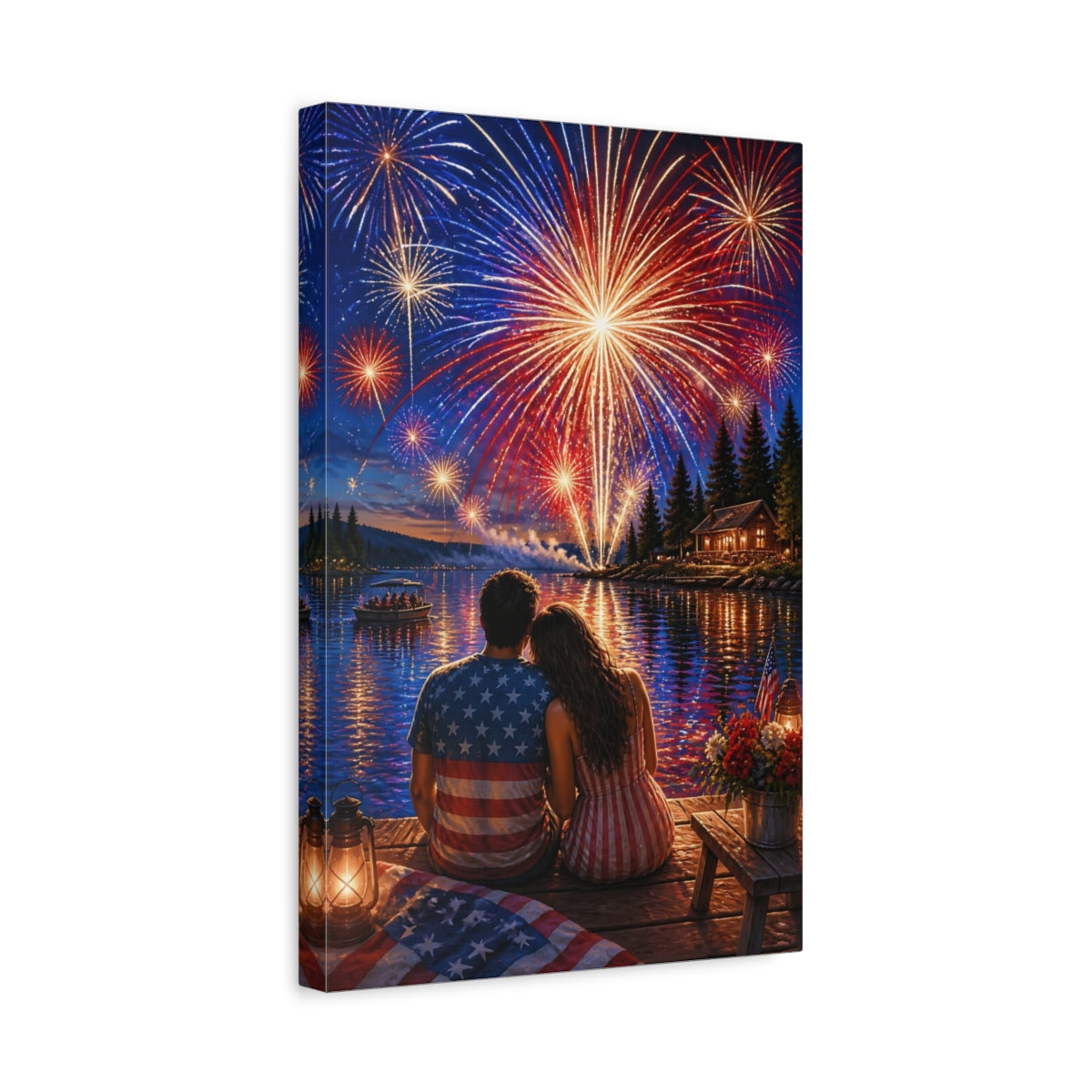 Side Mockup 4. Romantic Lake Fireworks shown as canvas print