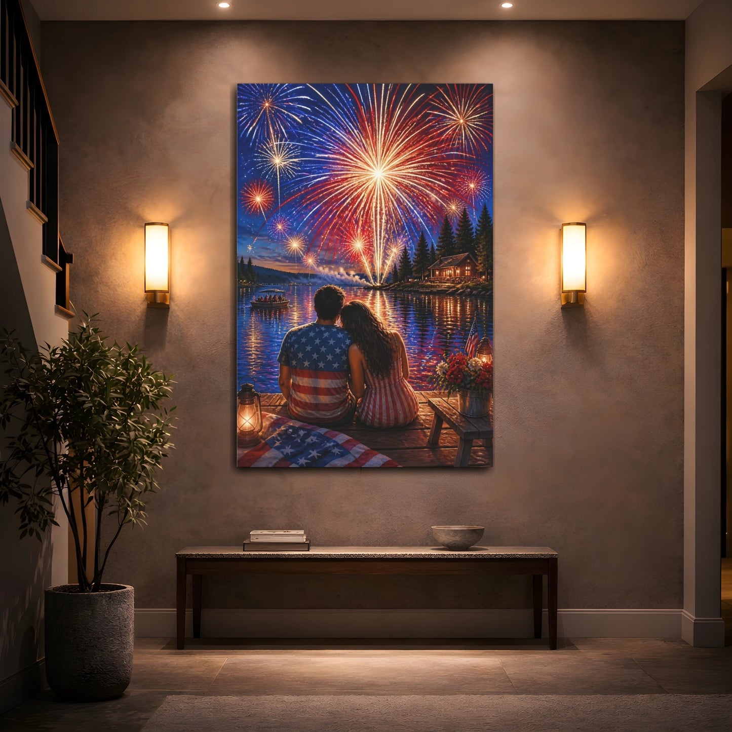 Mockup 2. Romantic Lake Fireworks shown as canvas print