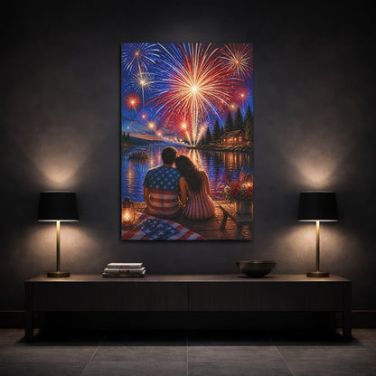 Mockup 3. Romantic Lake Fireworks shown as canvas print