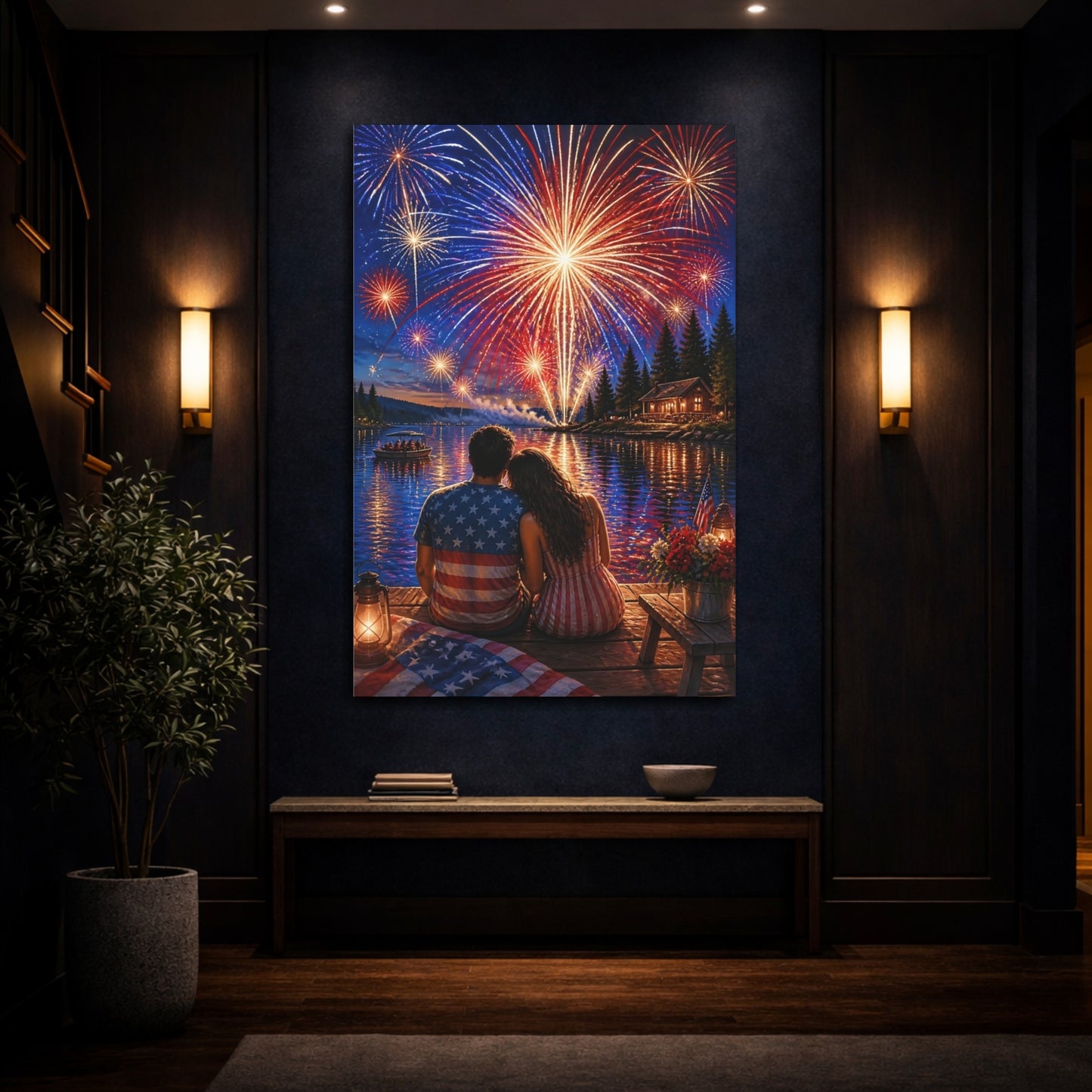 Mockup 4. Romantic Lake Fireworks shown as canvas print
