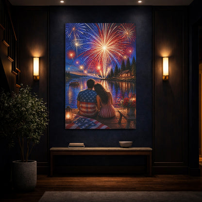 Mockup 4. Romantic Lake Fireworks shown as canvas print
