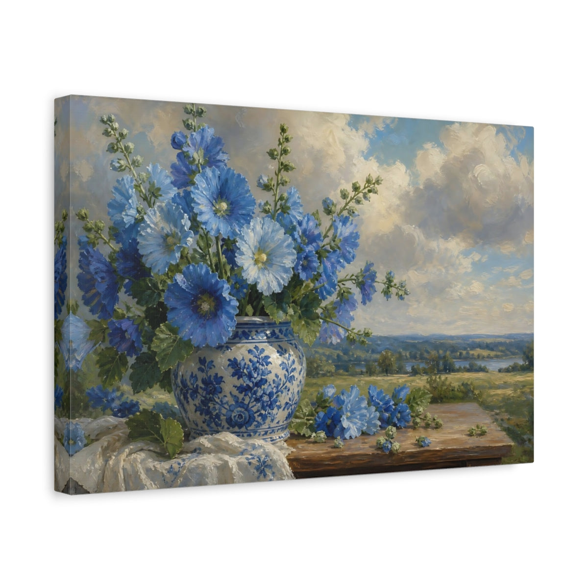 Side Mockup 4. Romantic Oil Painting Blue Hollyhocks In Porcelain Jar Beneath Cloudy Light shown as stretched canvas wall art
