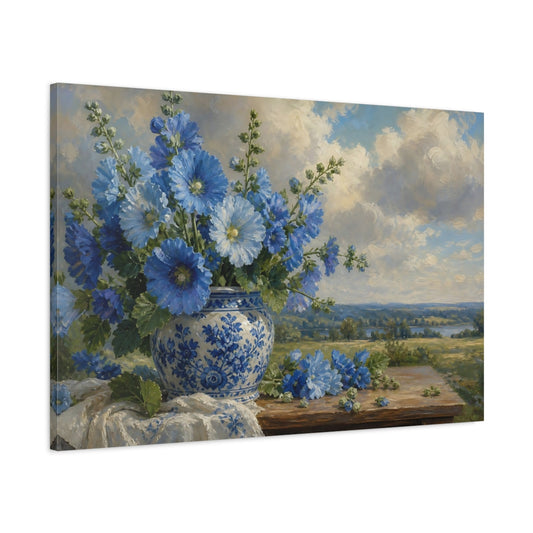 Main Mockup. Romantic Oil Painting Blue Hollyhocks In Porcelain Jar Beneath Cloudy Light shown as stretched canvas wall art
