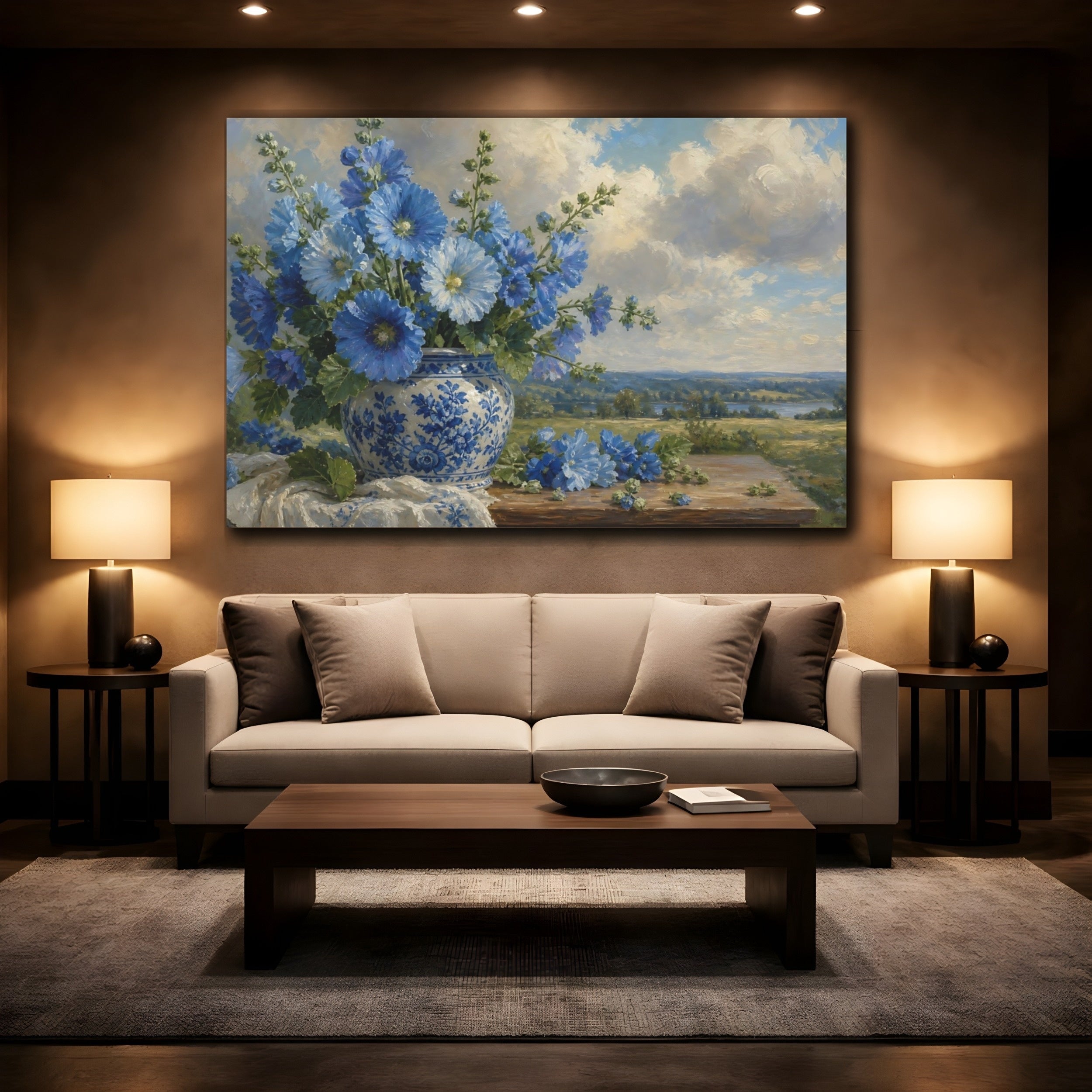 Mockup 2. Romantic Oil Painting Blue Hollyhocks In Porcelain Jar Beneath Cloudy Light shown as stretched canvas wall art
